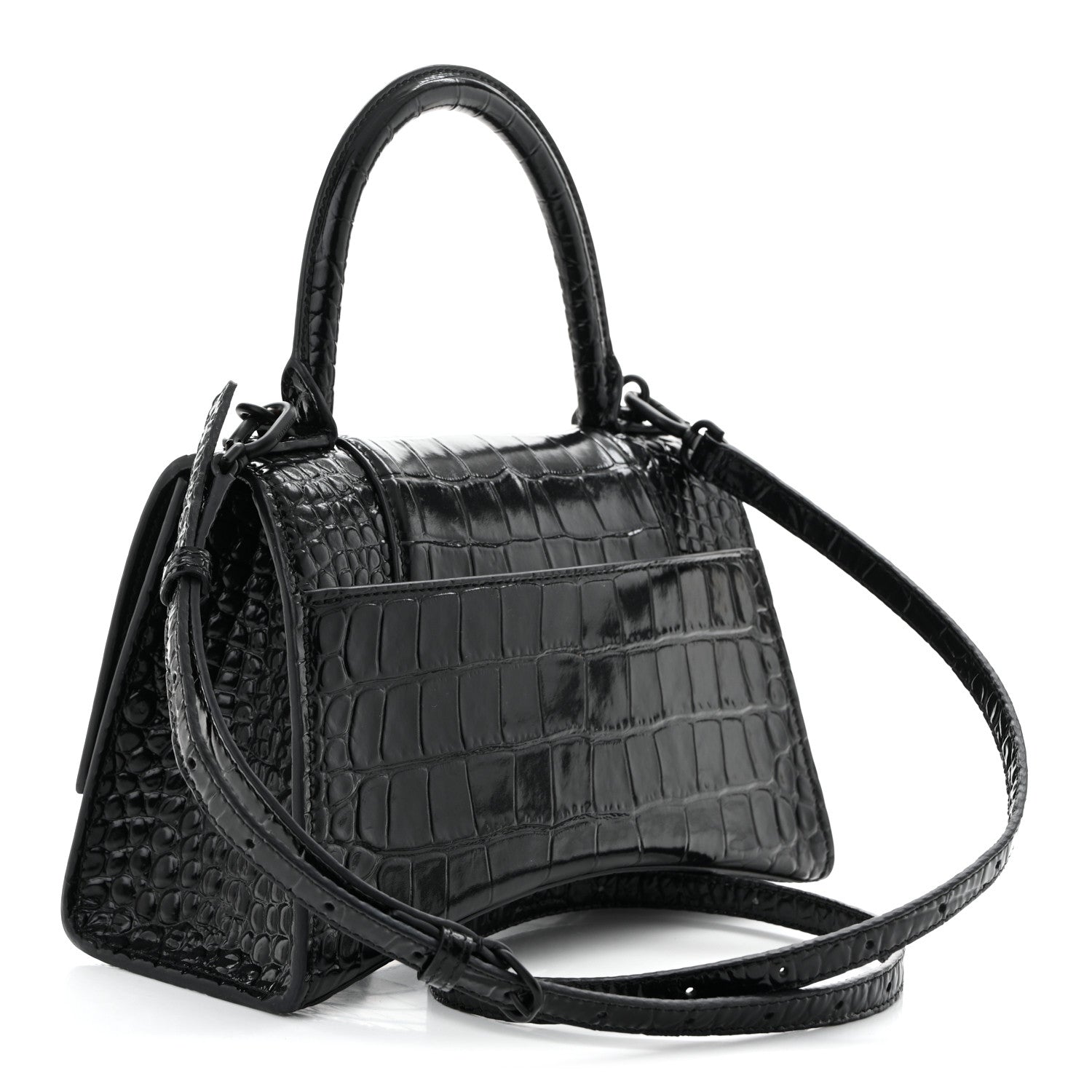 Shiny Calfskin Monochrome Crocodile Embossed Small Hourglass Top Handle Bag Black