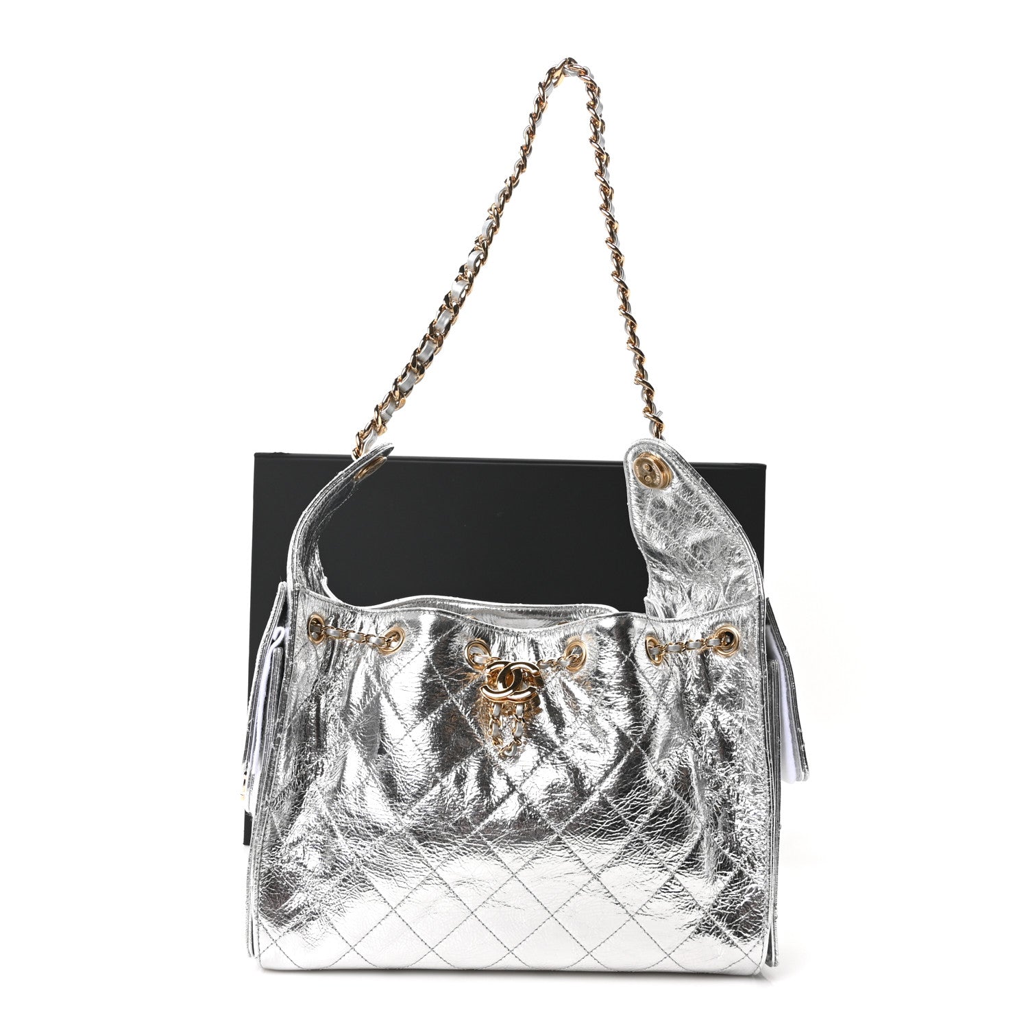 Metallic Aged Calfskin Quilted Small Chanel 25 Handbag Silver