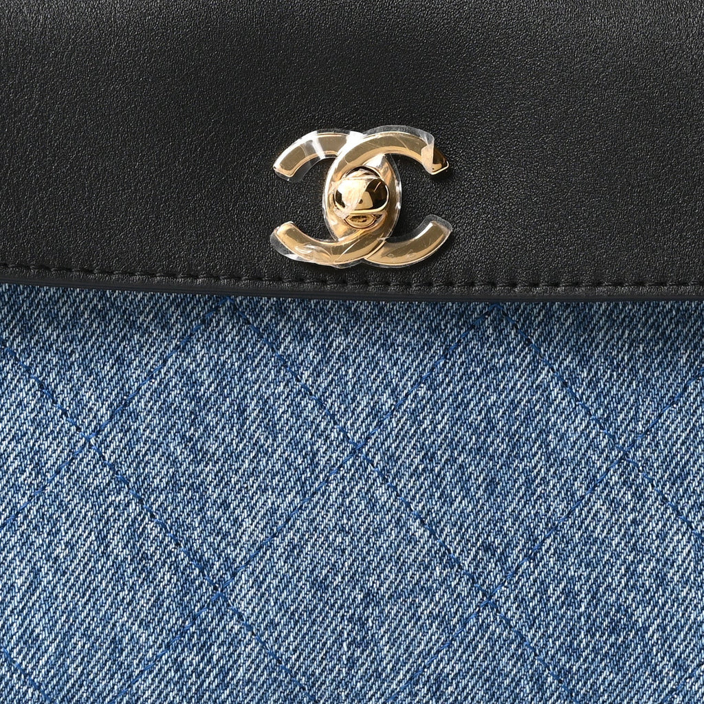 Calfskin Denim Stitched Urban Essentials Small Shopping Bag Blue Black