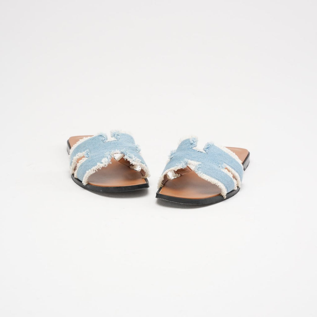 Hermes Blue Clair Denim Oran Fringe Sandals Size 38.5