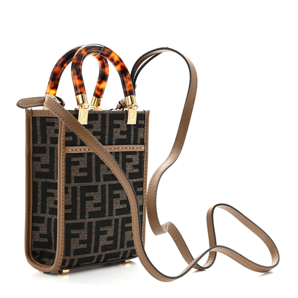 Fabric Jacquard Vitello King Plexiglass FF 1974 Mini Fendi Sunshine Shopper Tote Tobacco Moro Sand