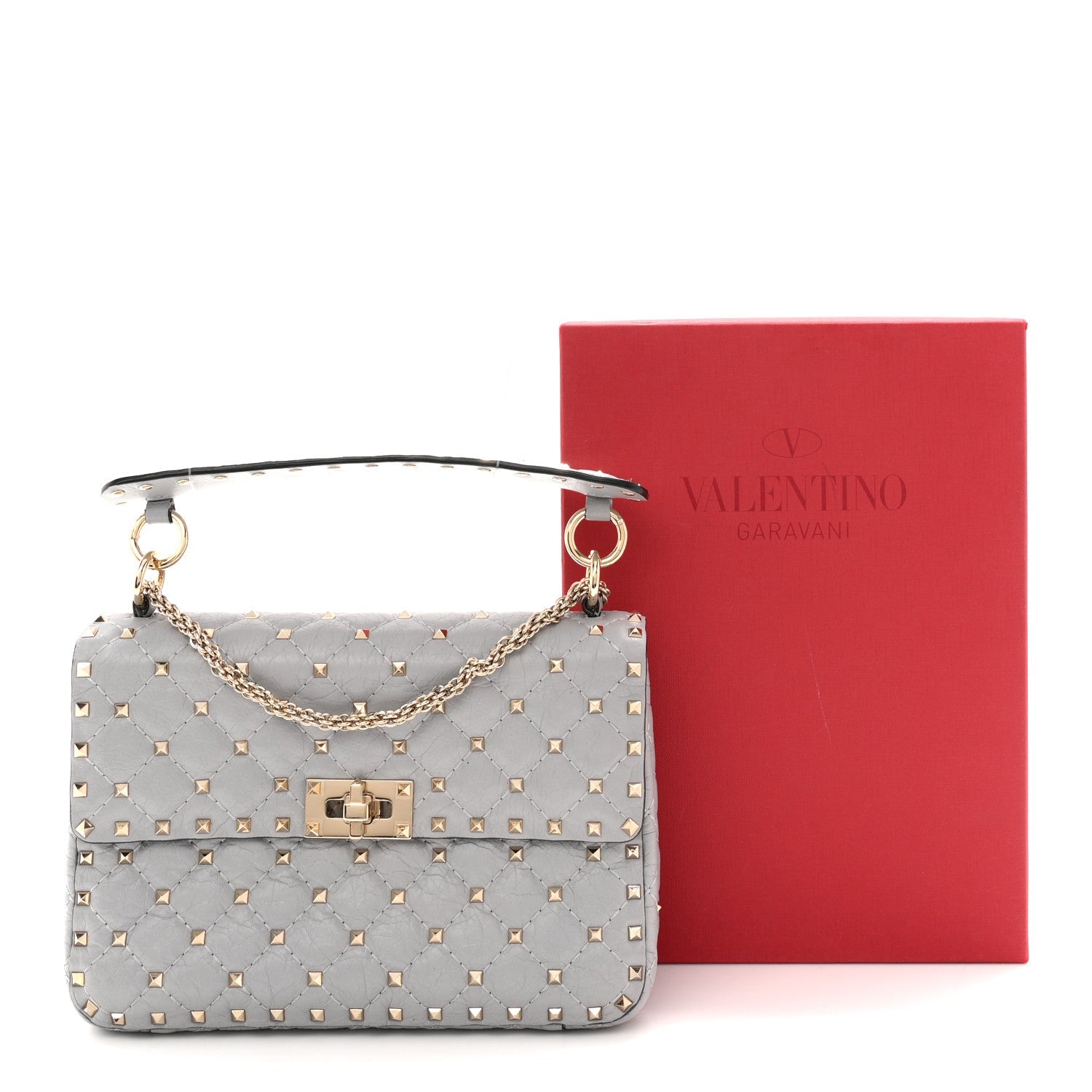 Craquele Nappa Medium Rockstud Spike Shoulder Bag Pastel Grey