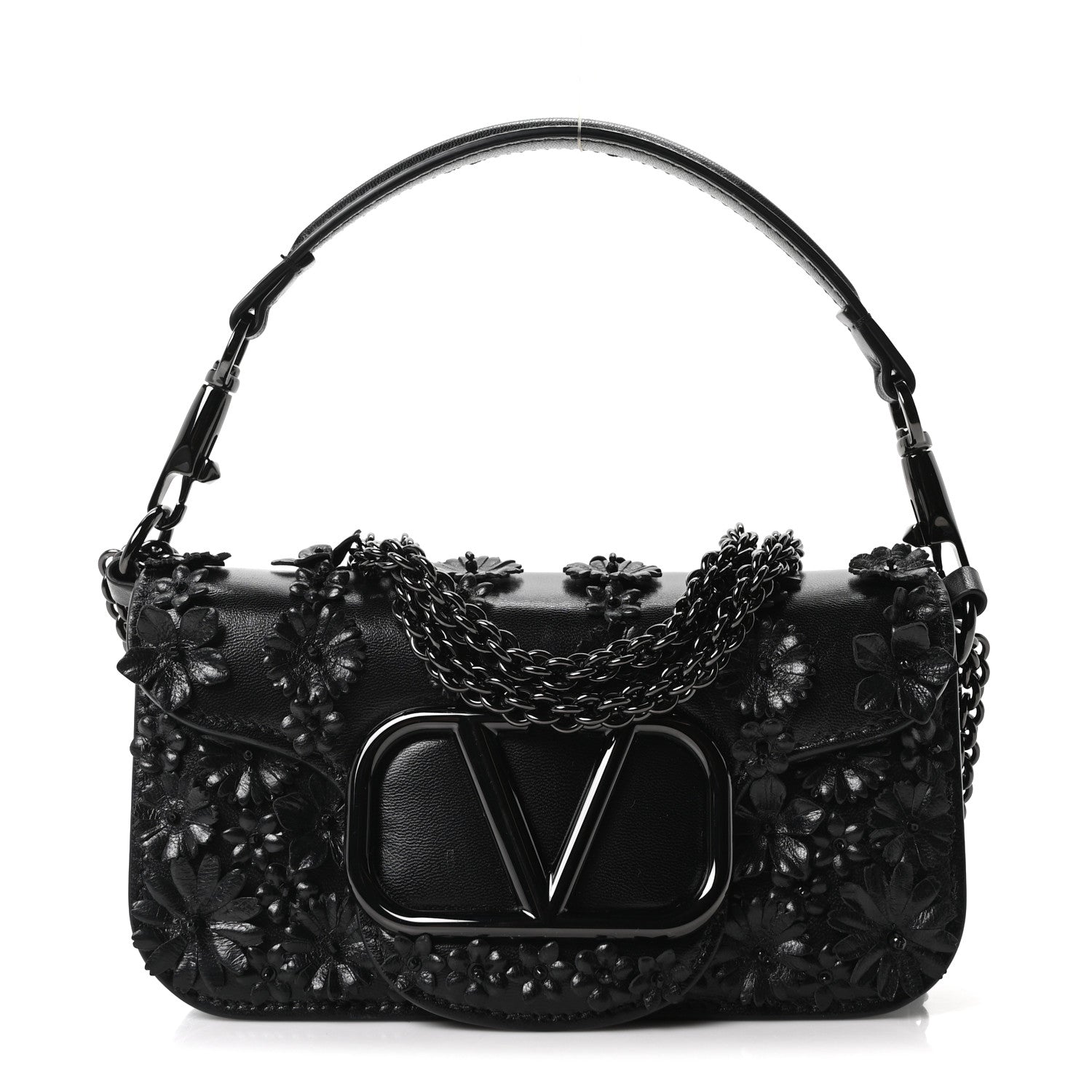 Calfskin Floral Embroidered Monochrome Vlogo Small Loco Shoulder Bag Black