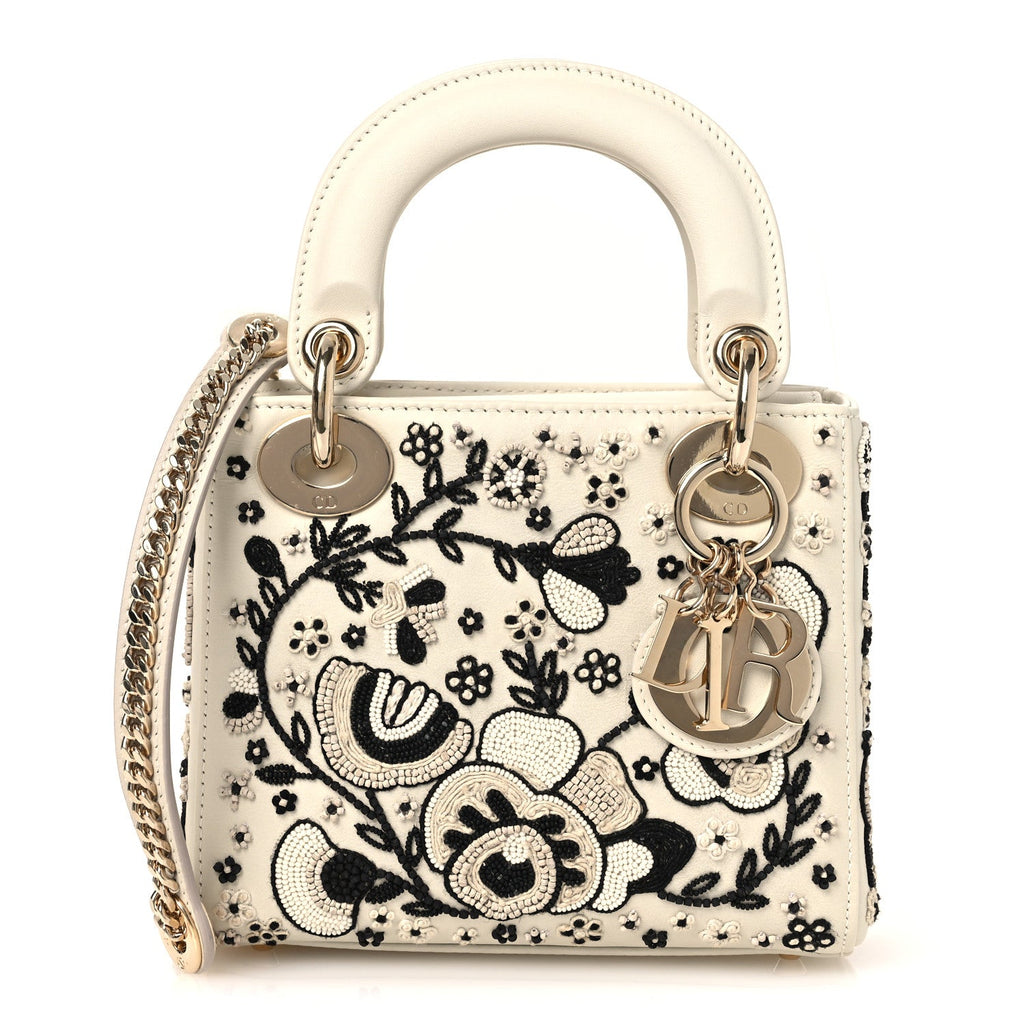 Smooth Calfskin Embroidered Beaded Floral Mini Lady Dior White Multicolor