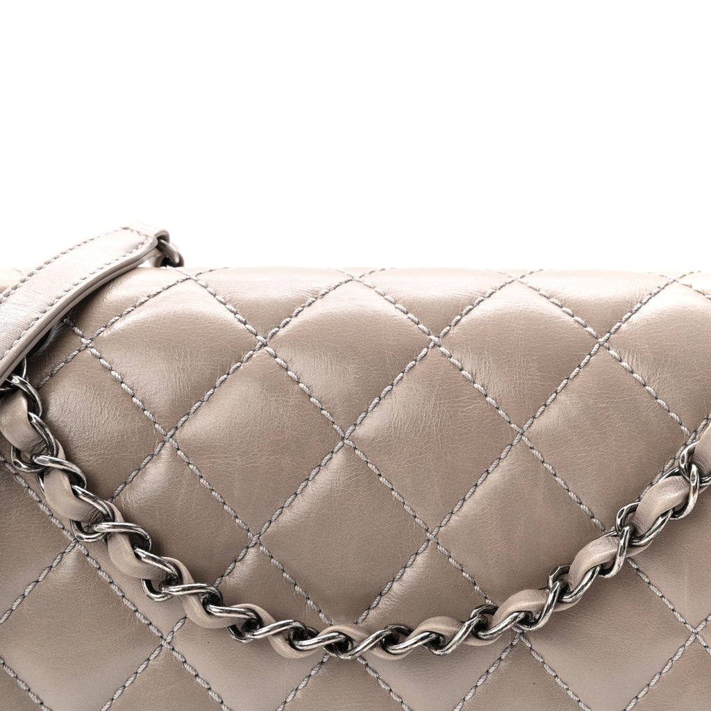 Glazed Calfskin Quilted Medium Day Trip Flap Grey