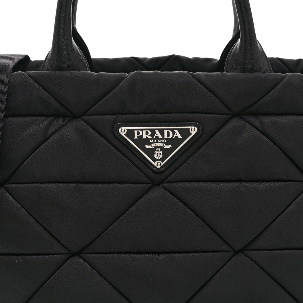 Re-Nylon Nappa Triangle Quilted Padded Small Double Handled Zip Tote Black