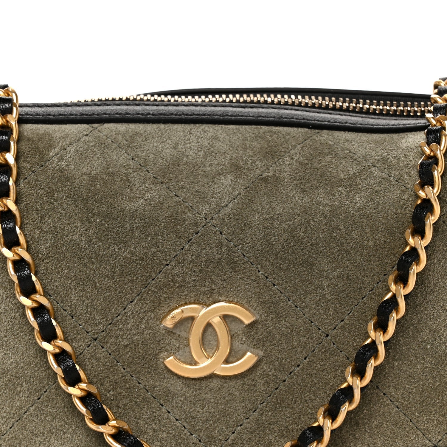 Suede Calfskin Shiny Lambskin Quilted Coco Base Hobo Clutch With Chain Khaki Black