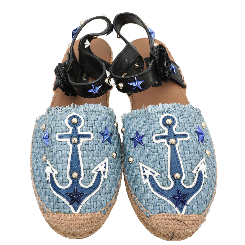 Dolce & Gabbana Blue Anchore Stars Raffia Espadrille Sandals 36