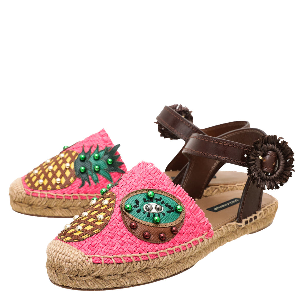 Dolce & Gabbana Bicolor Pineapple Kiwi Patch Ankle Strap 36