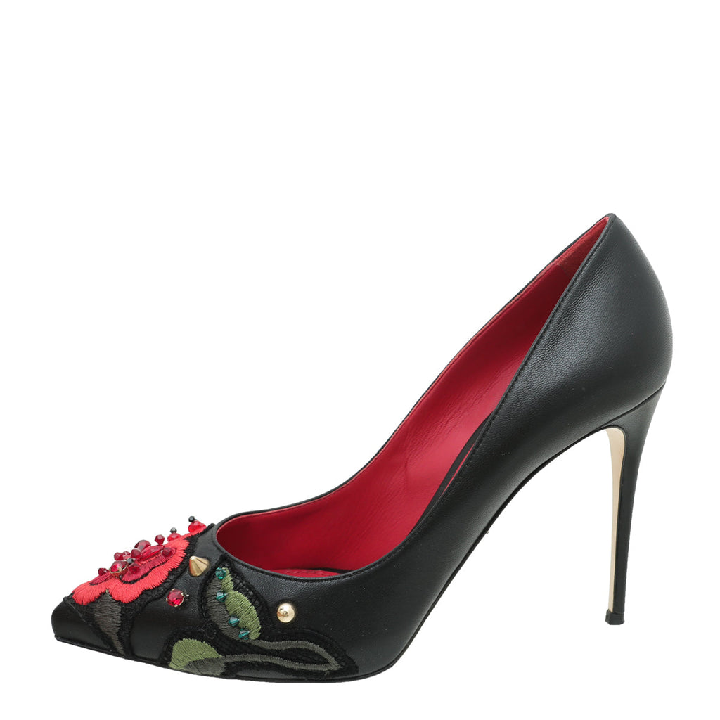 Dolce & Gabbana Black Kate Flower Embroidered Pump 39