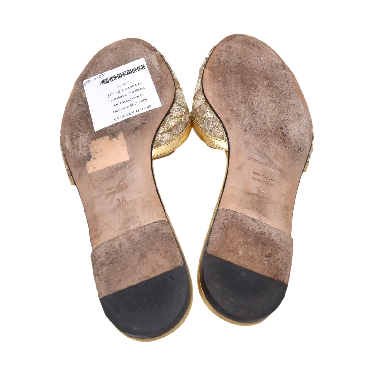 Dolce & Gabbana Metallic Gold Lace Bianca Flat Slides 36