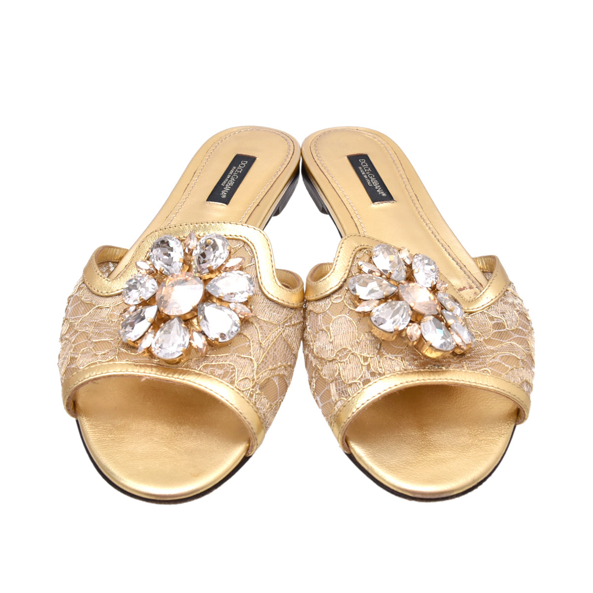 Dolce & Gabbana Metallic Gold Lace Bianca Flat Slides 36
