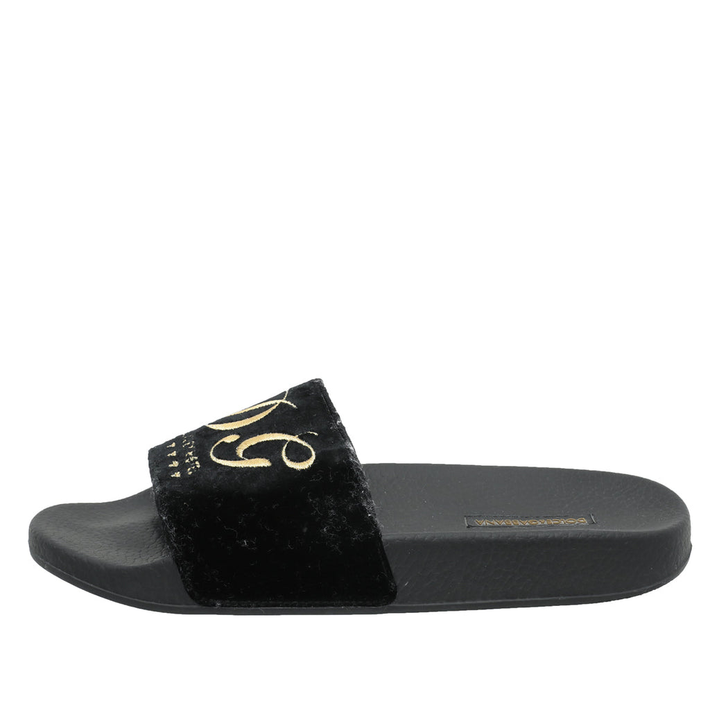 Dolce & Gabbana Black Velvet Luxury Hotel Slide Sandals 39