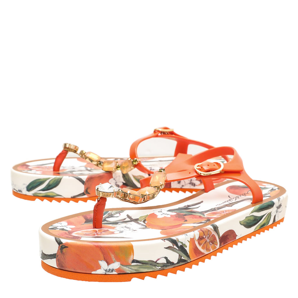Dolce & Gabbana Orange Print Crystal Rubber Sandals 10