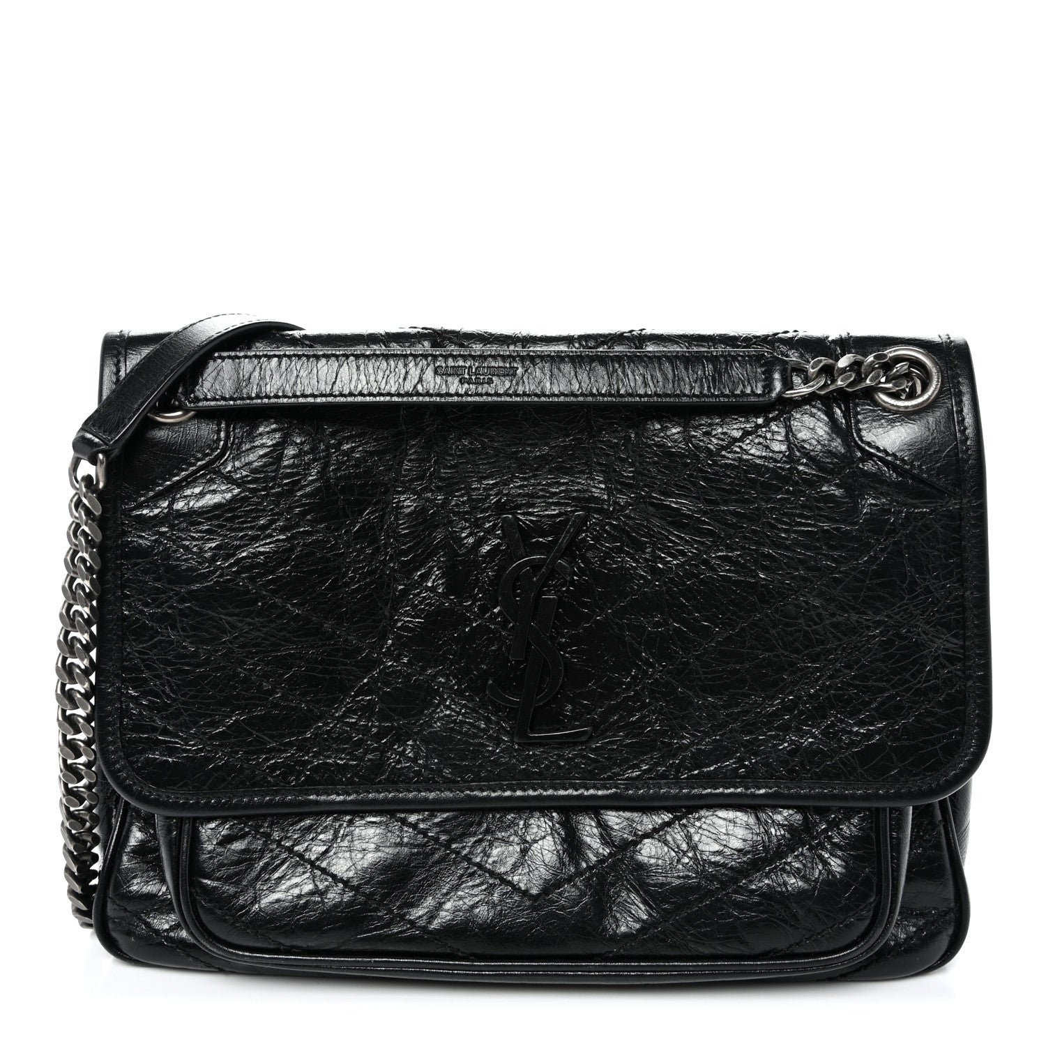 Crinkled Calfskin Matelasse Monogram Medium Niki Chain Satchel Black