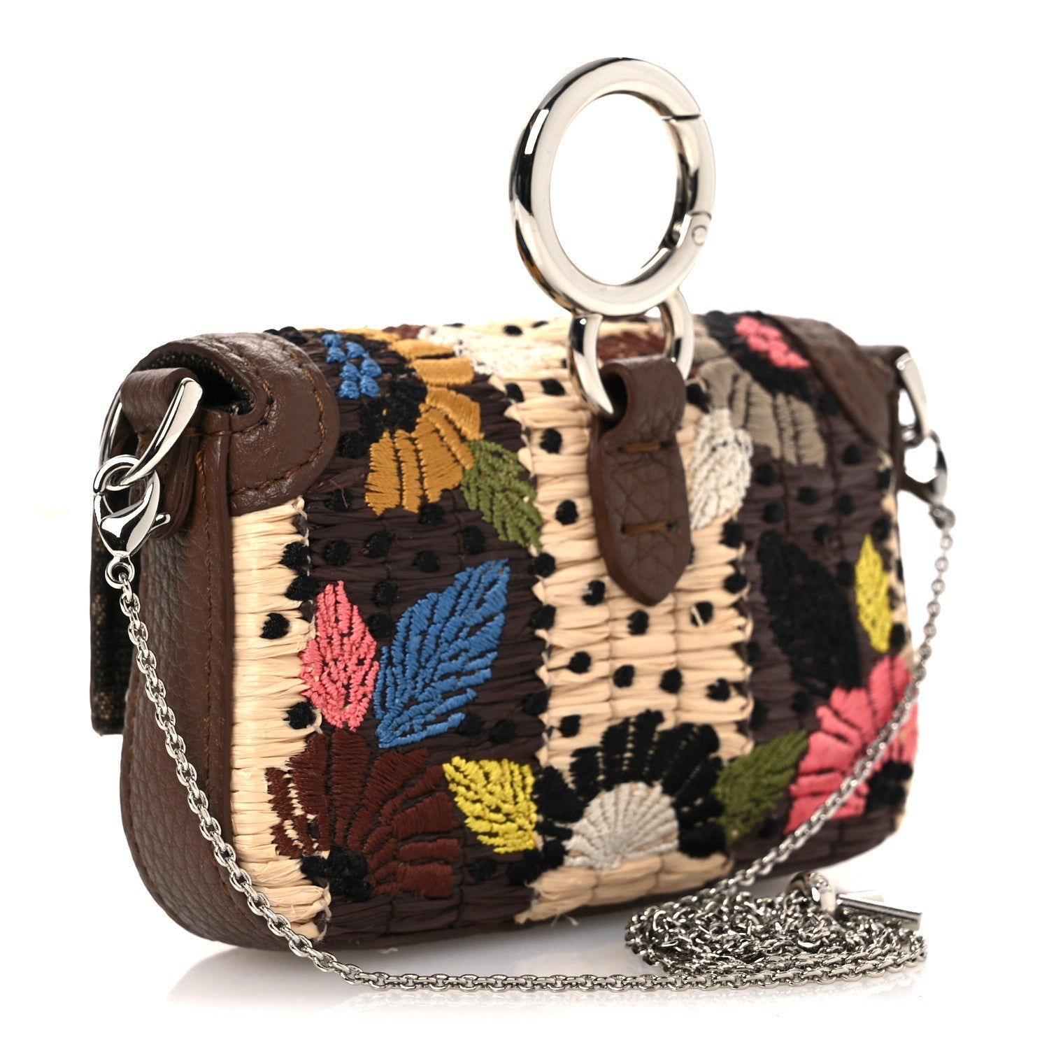 Woven Fabric Calfskin Embroidered Nano Maxi Buckle Baguette Charm Natural Gianduia