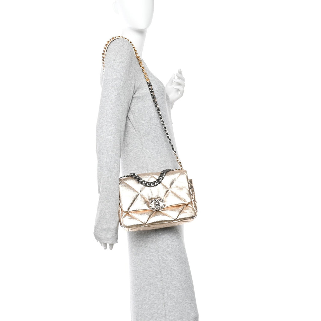 Metallic Lambskin Quilted Medium Chanel 19 Flap Gold