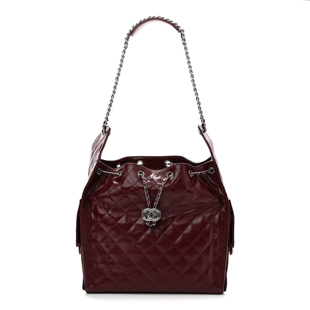 Shiny Crumpled Calfskin Quilted Medium Chanel 25 Handbag Dark Burgundy