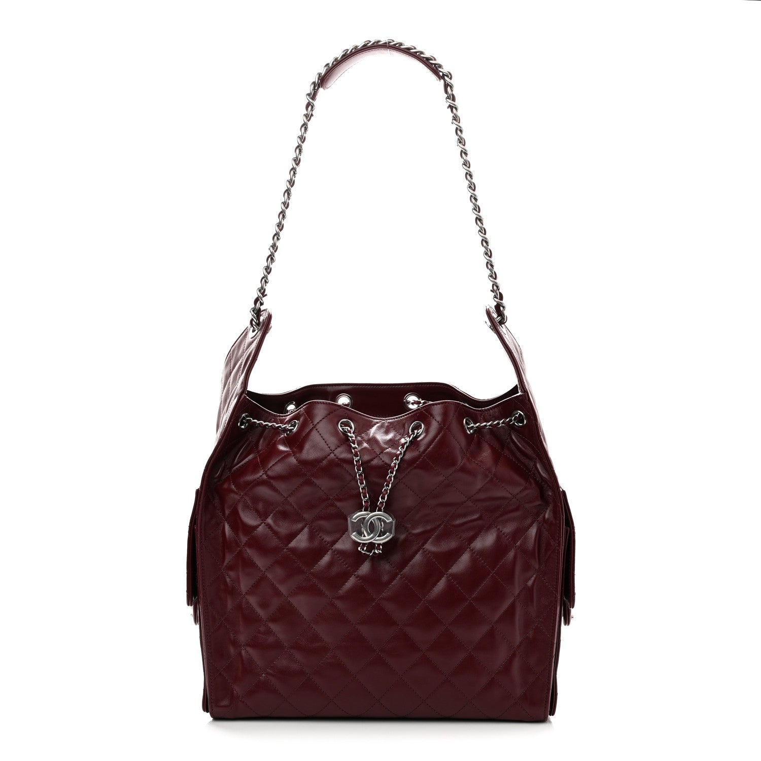 Shiny Crumpled Calfskin Quilted Medium Chanel 25 Handbag Dark Burgundy