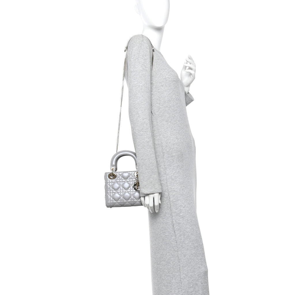 Metallic Lambskin Cannage Mini Lady Dior Grey