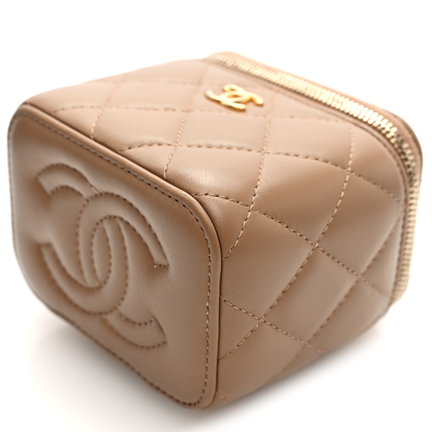 Lambskin Quilted Pearl Crush Mini Vanity Case With Chain Beige