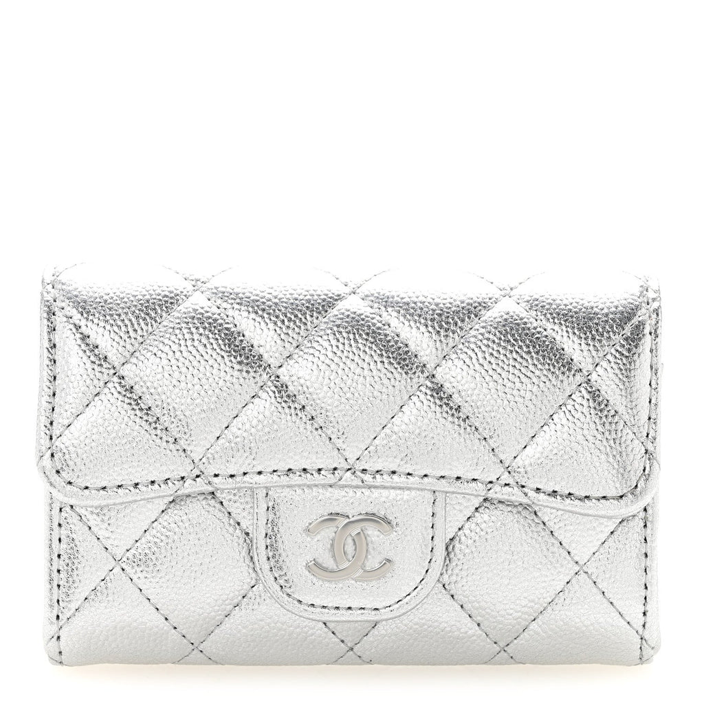 Glittered Metallic Caviar Quilted Flap Card Holder Wallet Silver