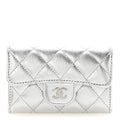 Glittered Metallic Caviar Quilted Flap Card Holder Wallet Silver