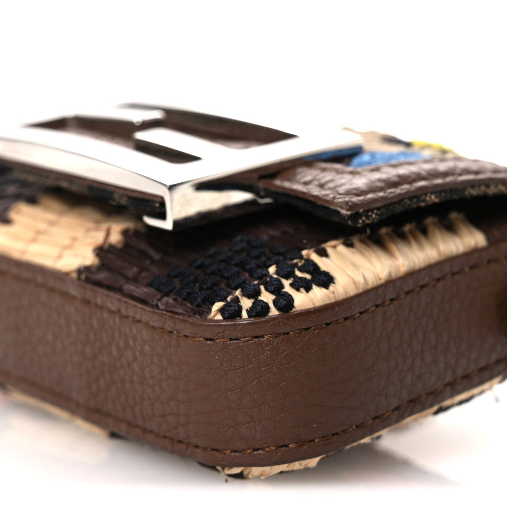 Woven Fabric Calfskin Embroidered Nano Maxi Buckle Baguette Charm Natural Gianduia