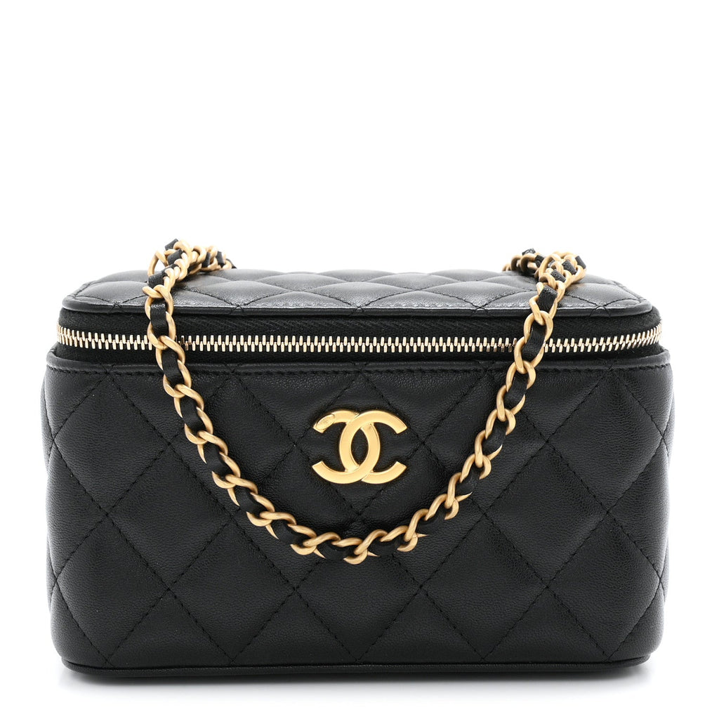 Lambskin Quilted Small Heart Vanity Case With Chain Black