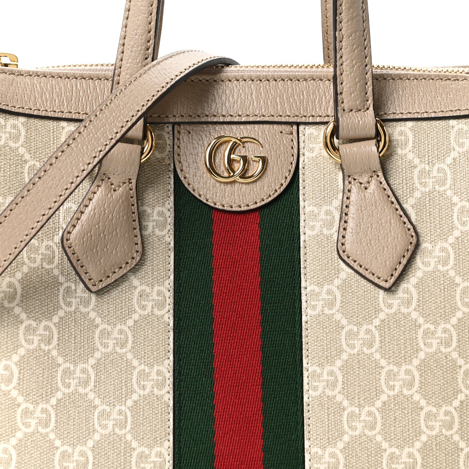 GG Supreme Monogram Textured Dollar Calfskin Web Small Ophidia Tote Bag Beige Mystic White Oatmeal