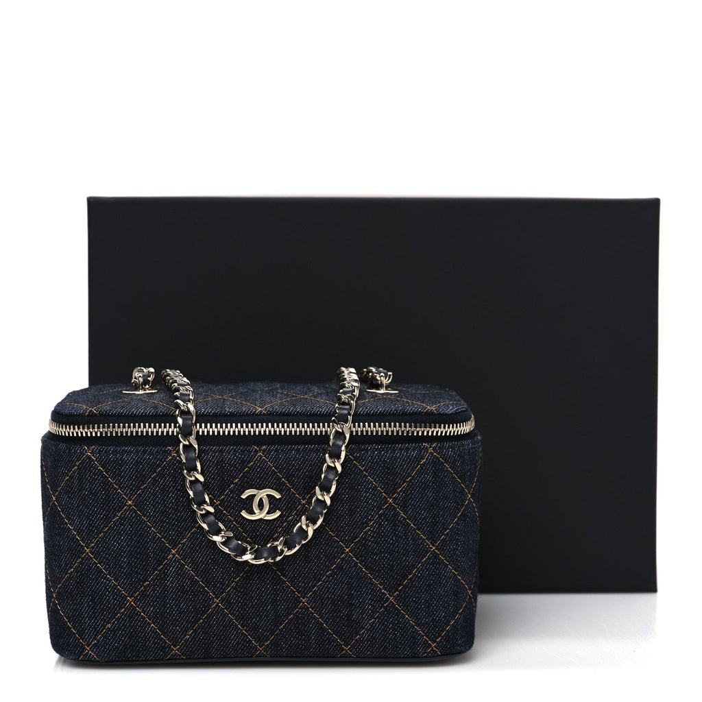 Denim Quilted Small Vanity Case With Chain Dark Blue Orange