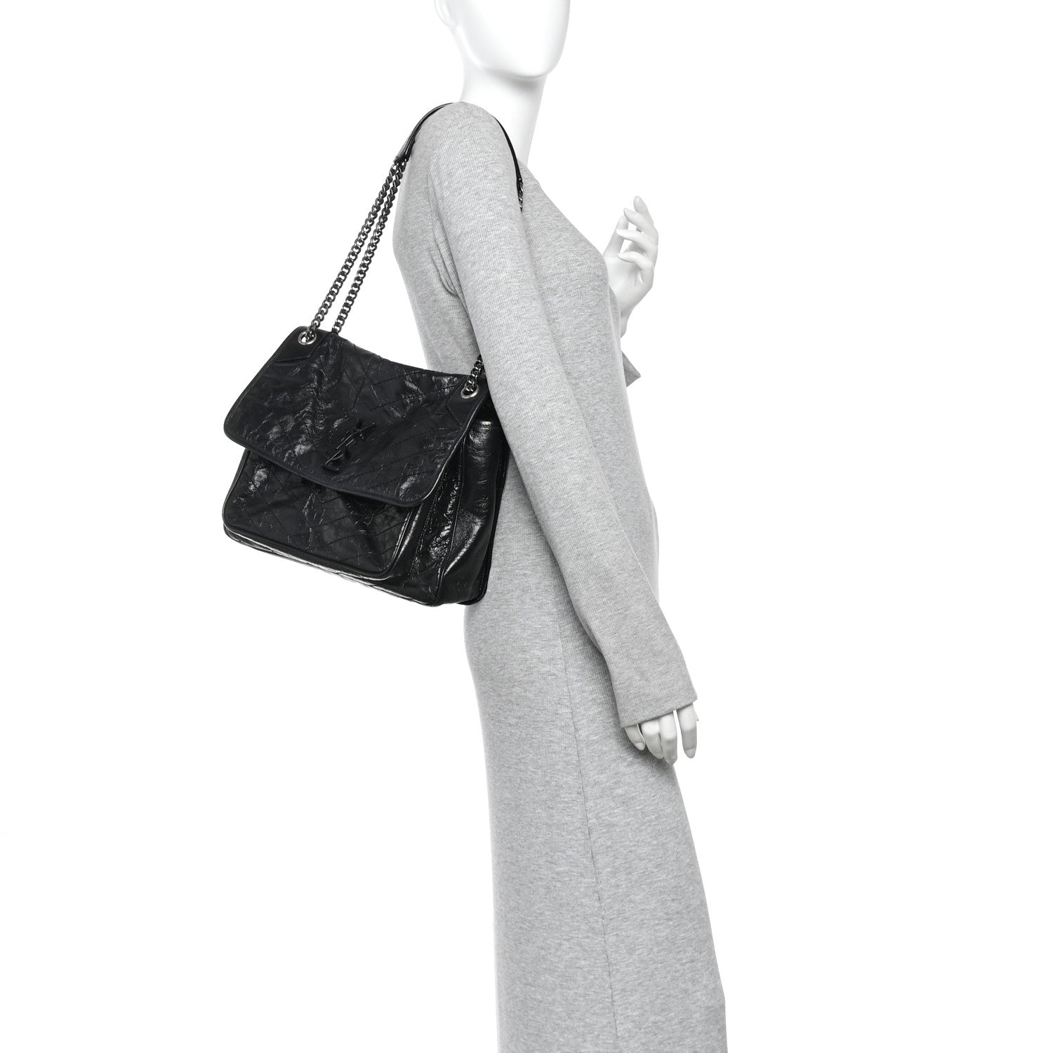 Crinkled Calfskin Matelasse Monogram Large Niki Chain Satchel Black