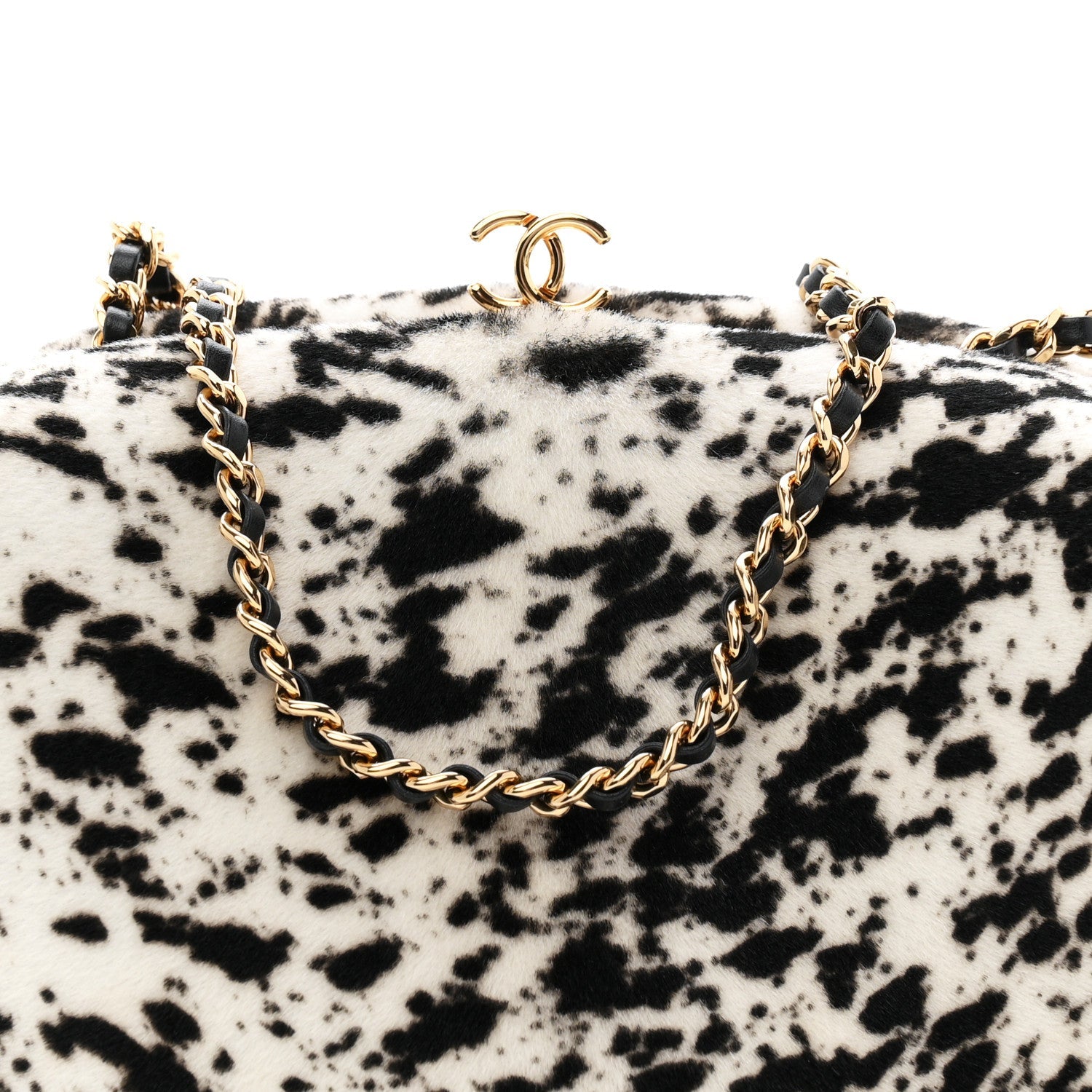 Lambskin Pony Hair Printed Clutch With Chain Black White