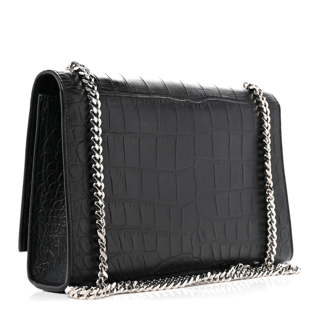 Calfskin Crocodile Embossed Medium Classic Monogram Kate Tassel Satchel Black