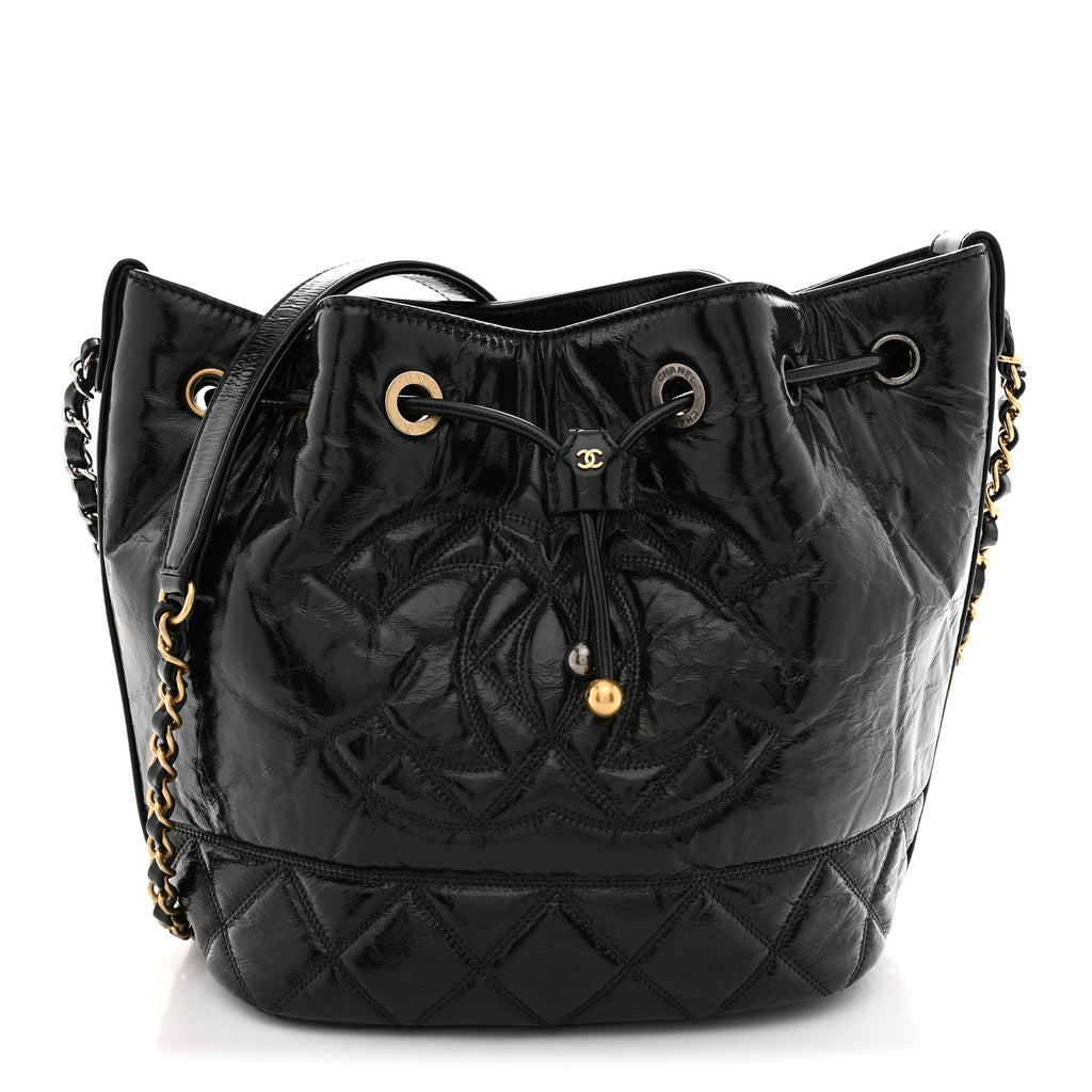 Shiny Aged Calfskin CC Chain Drawstring Bag Black