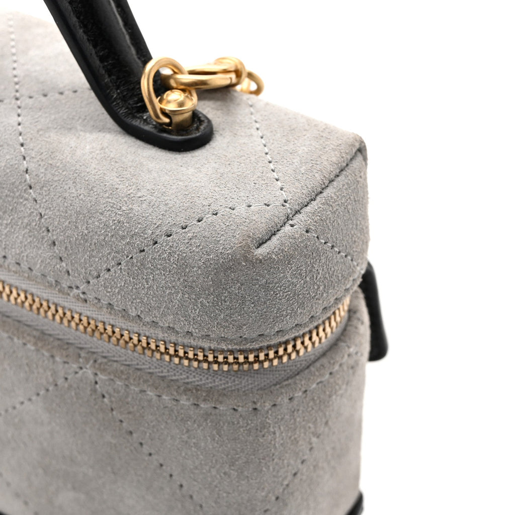 Suede Calfskin Shiny Lambskin Quilted Top Handle Slim Vanity Case With Chain Grey Black