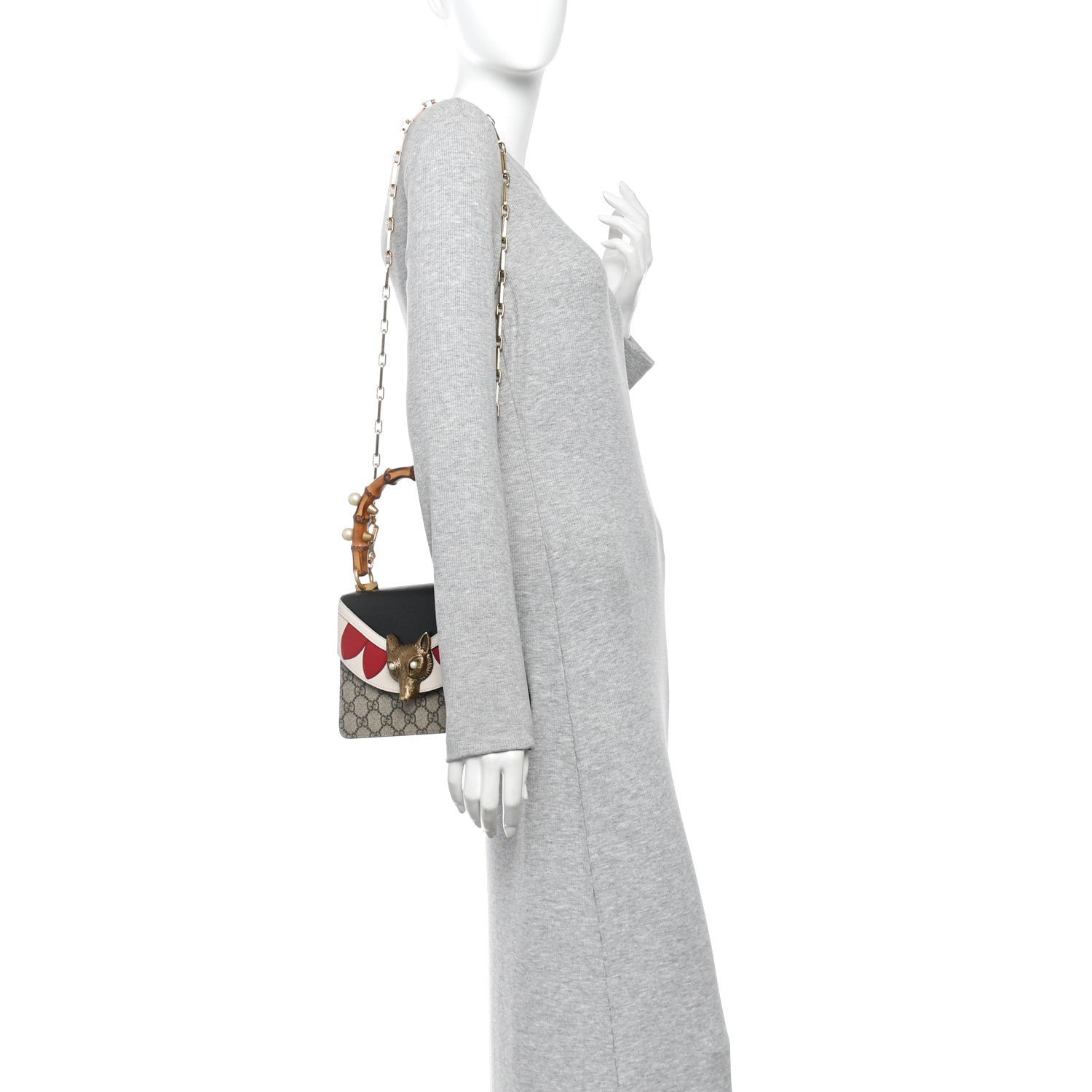 GG Supreme Monogram Goatskin Pearl Mini Fox Broche Bamboo Top Handle Bag Beige Ebony Black Hibiscus Red Mystic White