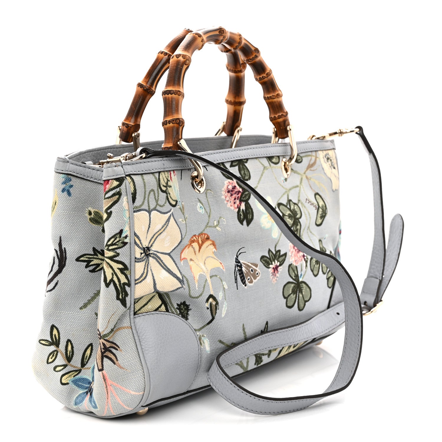 Canvas Cellarius Calfskin Flora Knight Medium Bamboo Shopper Tote Light Blue