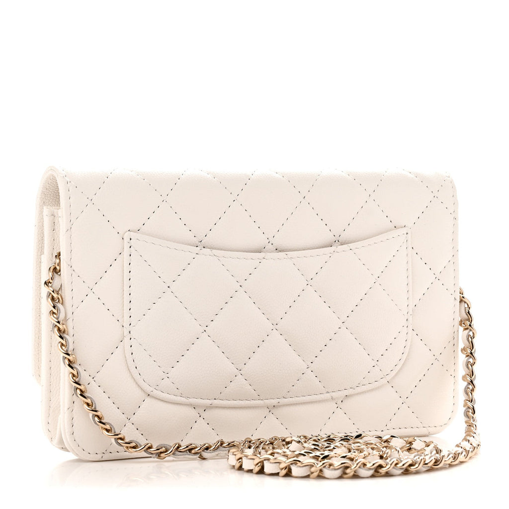 Caviar Quilted Crystal CC Wallet On Chain WOC White