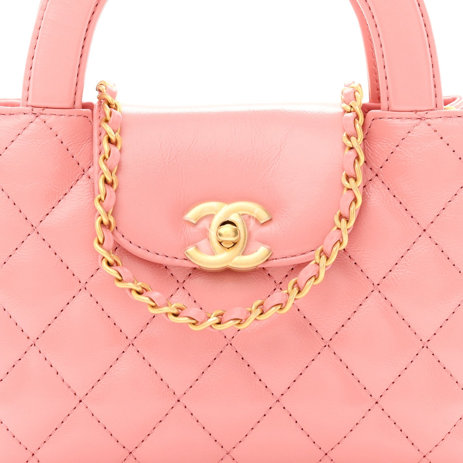 Shiny Aged Calfskin Quilted Nano Kelly Shopper Coral Pink
