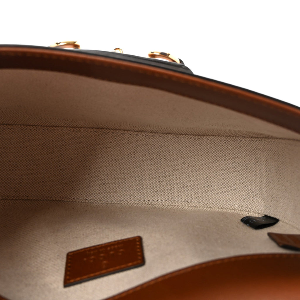 New Canvas Charisma Calfskin Crystal GG Monogram Mini Horsebit 1955 Shoulder Bag Camel Ebony
