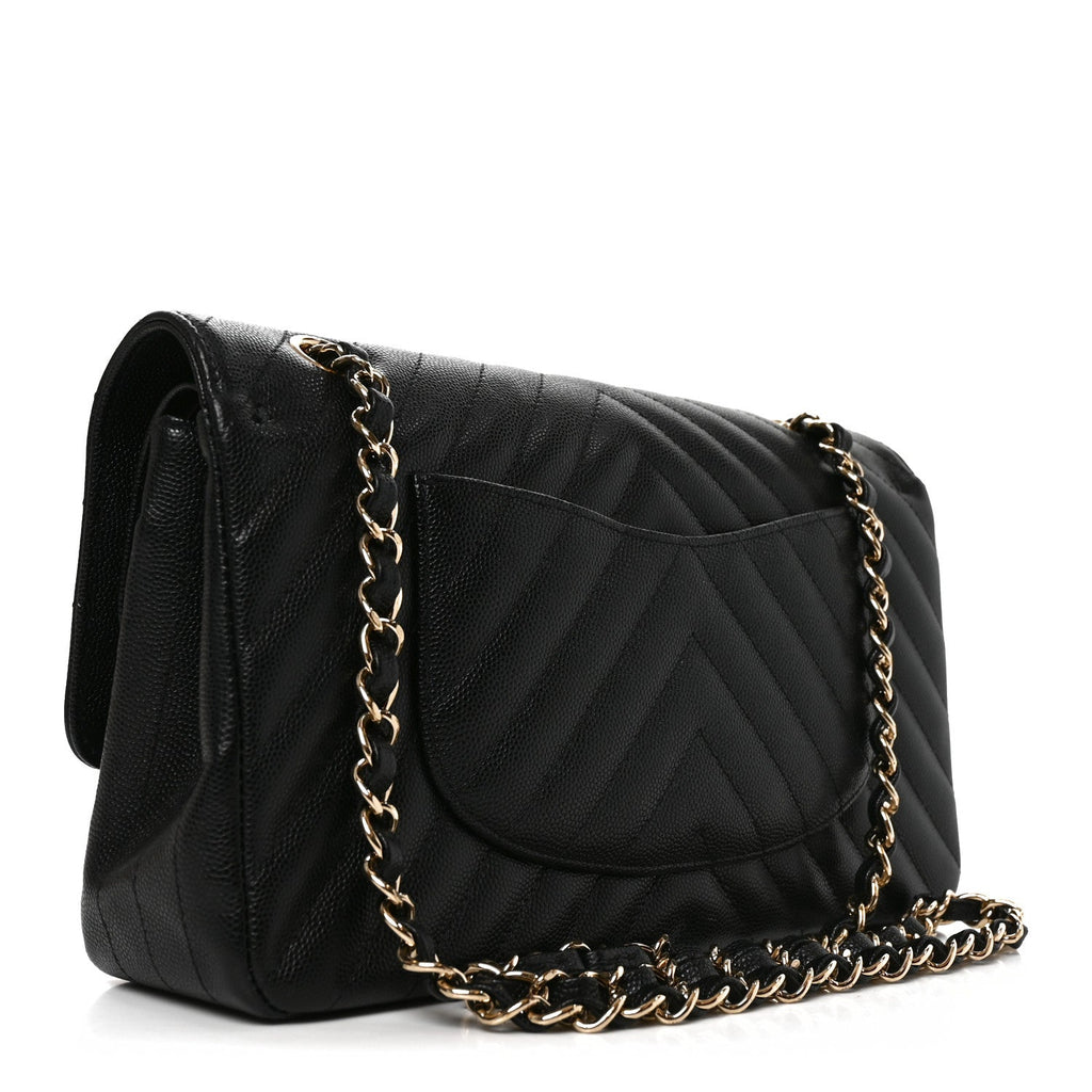Caviar Chevron Quilted Medium Double Flap Black