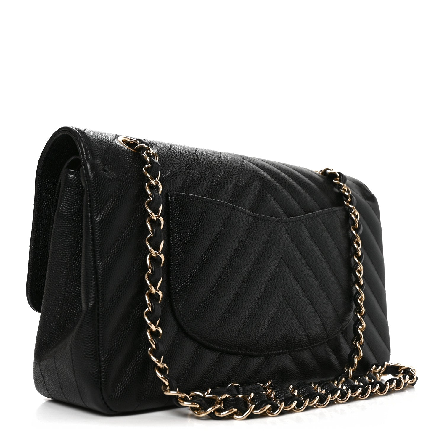 Caviar Chevron Quilted Medium Double Flap Black