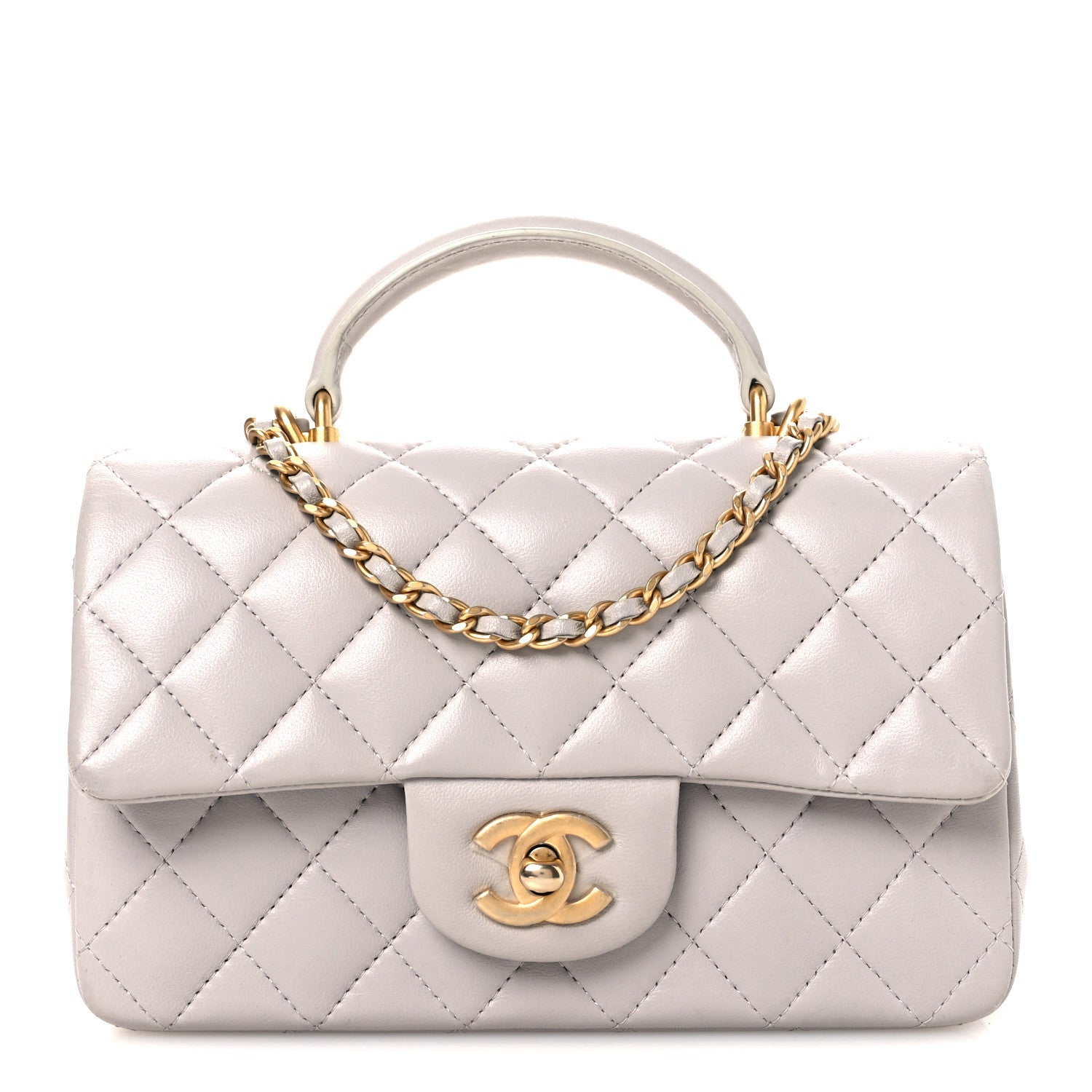 Lambskin Quilted Mini Top Handle Rectangular Flap Grey