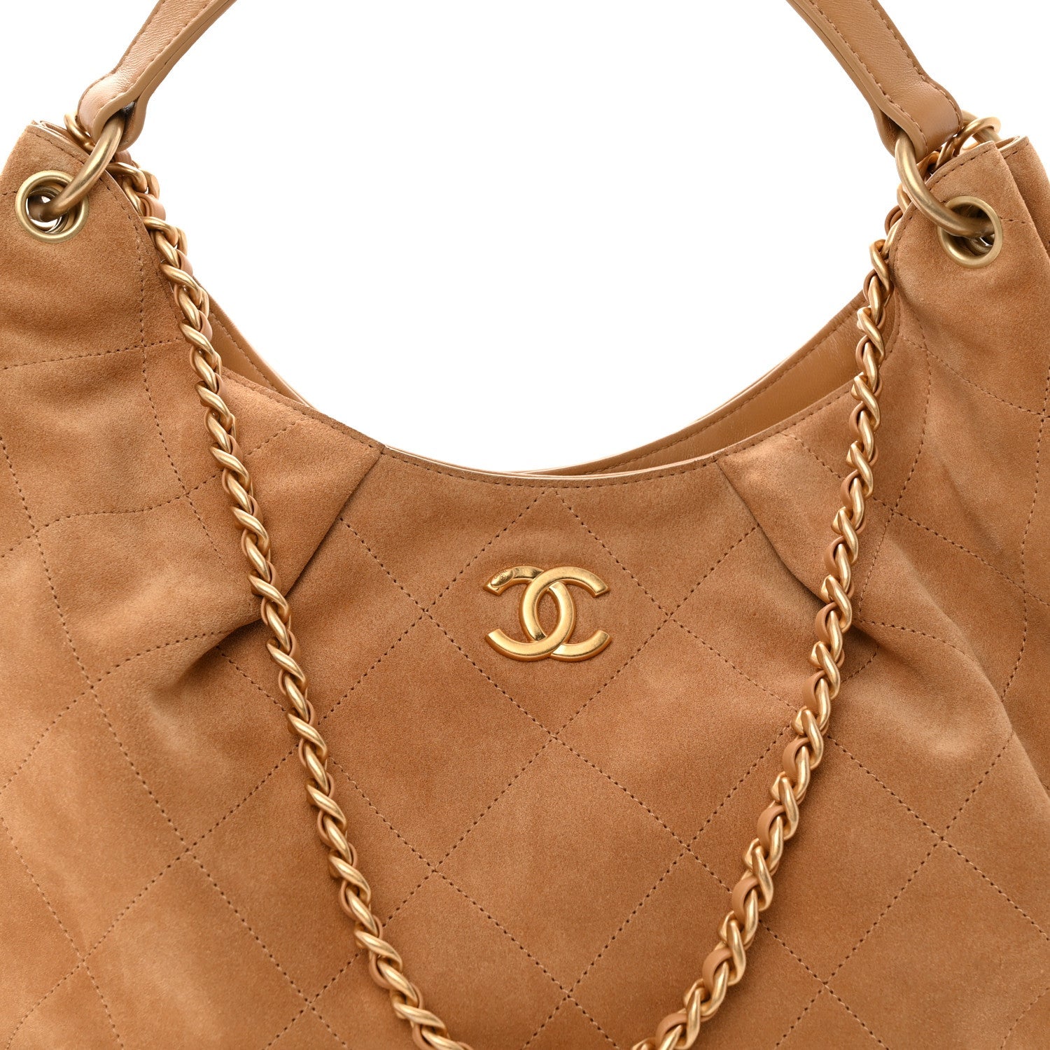 Suede Calfskin Lambskin Quilted Maxi Hobo Light Brown