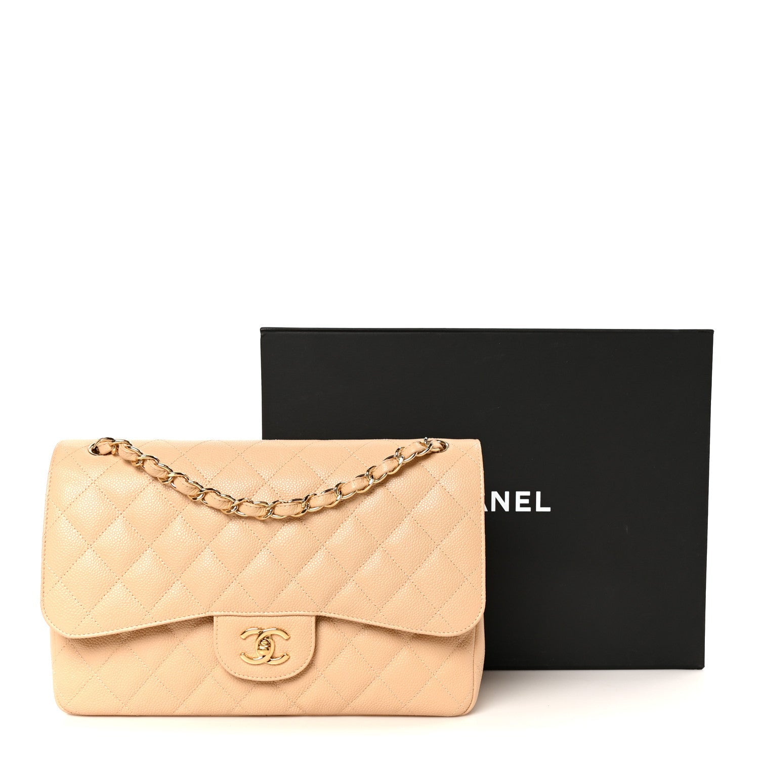 Caviar Quilted Jumbo Double Flap Beige Clair