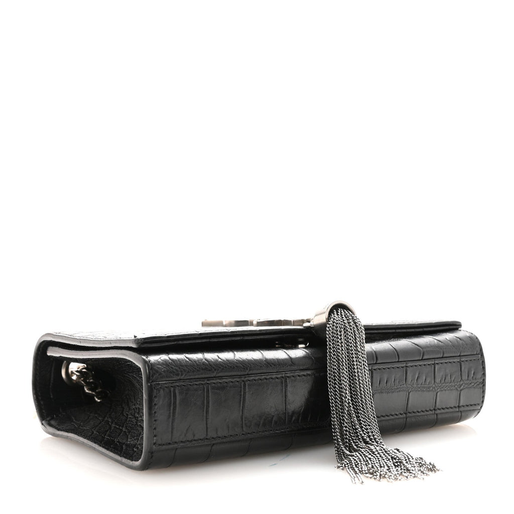 Calfskin Crocodile Embossed Small Classic Monogram Kate Tassel Satchel Black