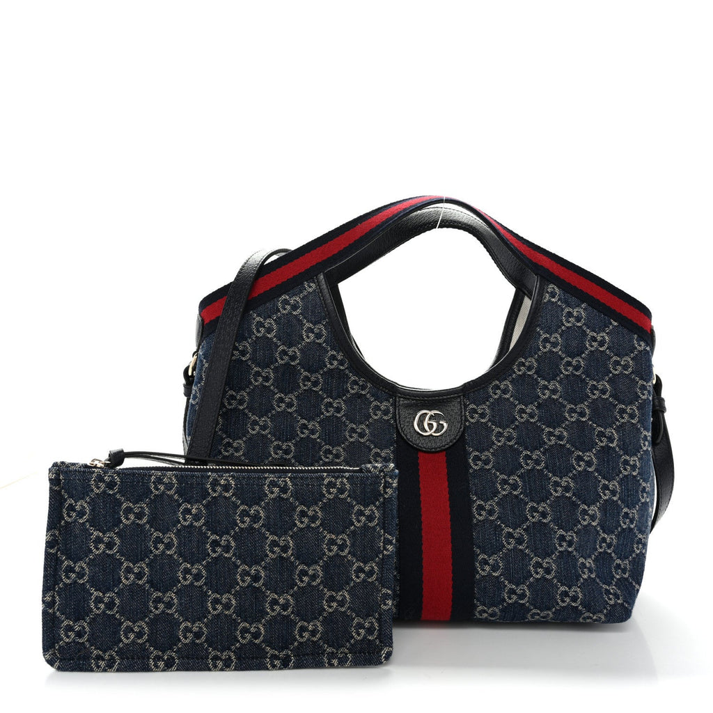 Denim GG Monogram Web Small Giglio Tote Blue White