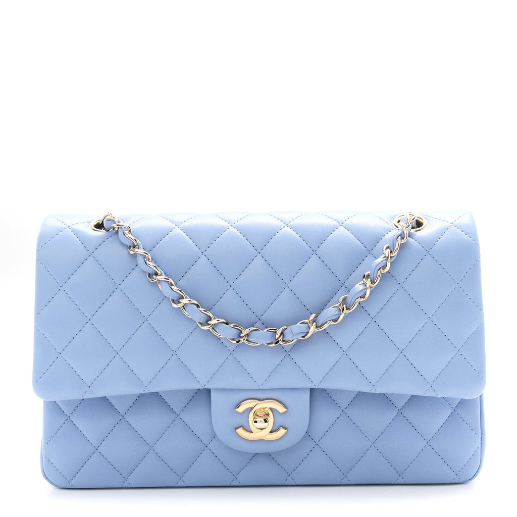 Lambskin Quilted Medium Double Flap Light Blue