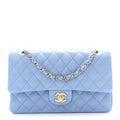 Lambskin Quilted Medium Double Flap Light Blue